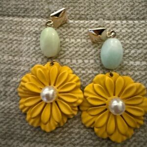 Chic Yellow Floral Earrings with Pearl and Mint Accents